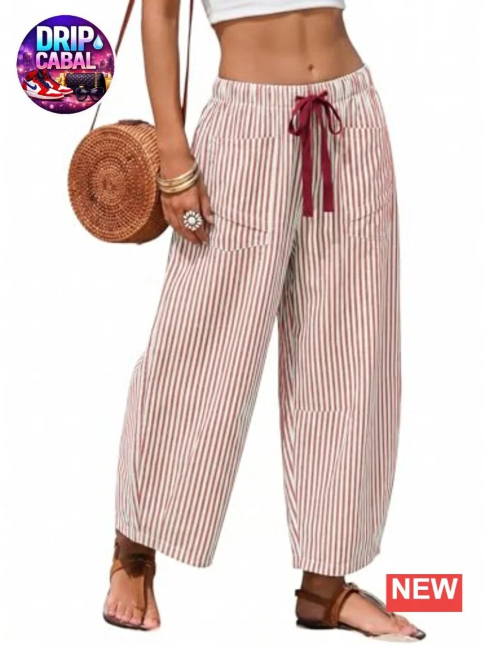 Women's Casual Barrel Pants Striped Drawstring Wide Leg Lounge Capri Trousers